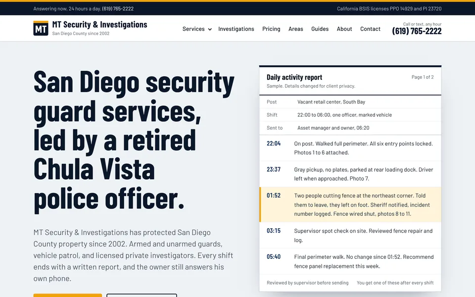 Home page of MT Security and Investigations in San Diego